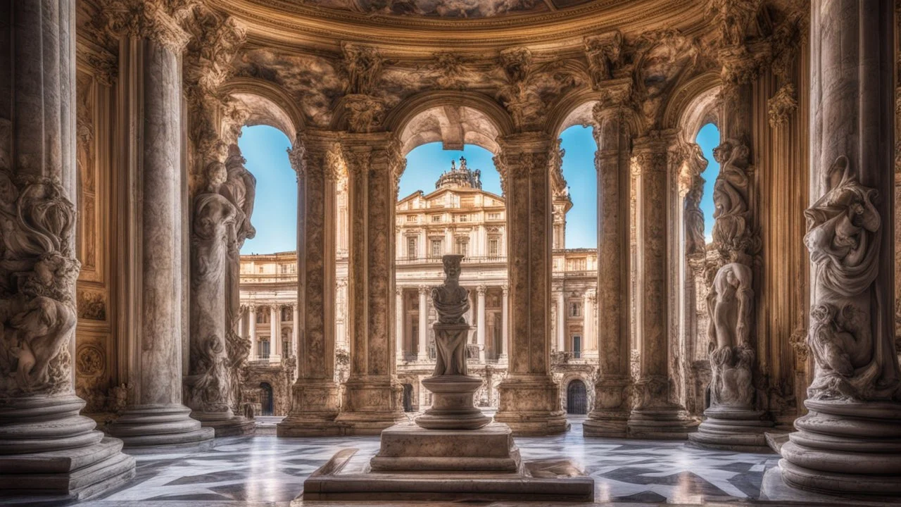 inside a palace in ancient Rome showing rooms, halls, courtyards, luxury, magnificent, marble statues, coloured pictorial tapestries, paintings, sparkling fountains, dream world, calm beauty, fantasy world, magic, splendor, uplifting, inspiring, therapeutic, chiaroscuro, color, award-winning colour photograph, beautiful composition, exquisite detail, Nikon 35mm