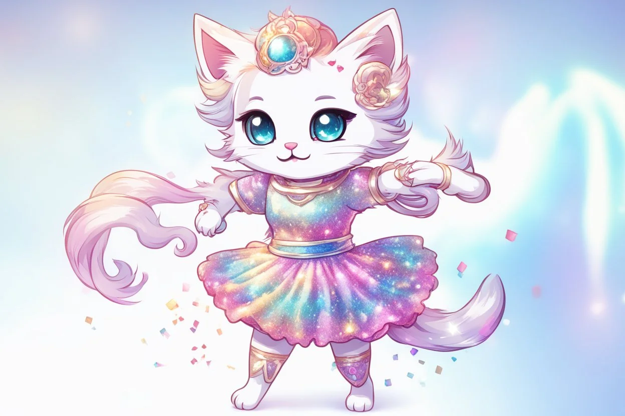 a cute fluffy chibi cat dancer in metallic silky shined colourful dress dynamically dancing and throwing up shiny metallic glitters