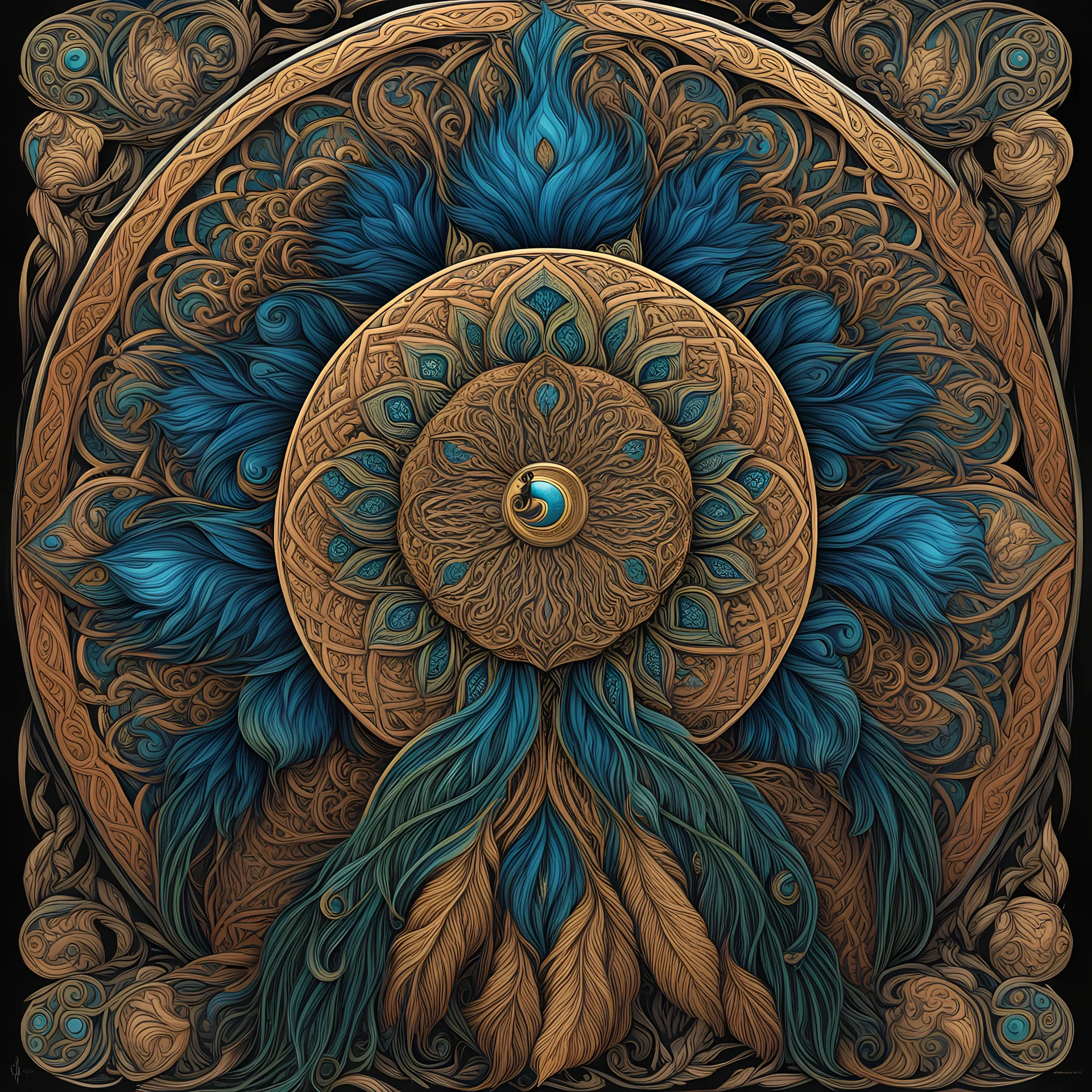 celtic peacock I centered | symmetrical | key visual | intricate | highly detailed | iconic | precise lineart | vibrant and natural all round colors | comprehensive cinematic | alphonse mucha style illustration I very high resolution | sharp focus | poster | no watermarks I plain black background