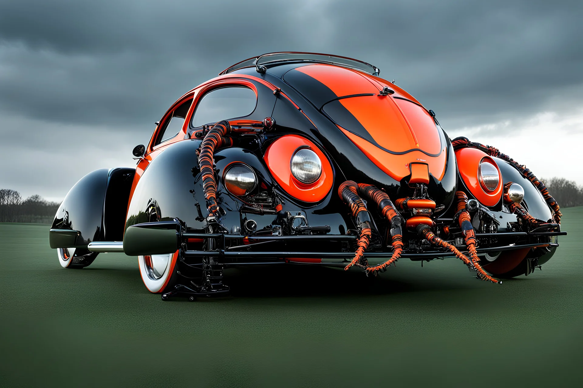 arachnid jet vw-beetle genetically spliced hybrid, black red and orange, biopunk, organic surrealism