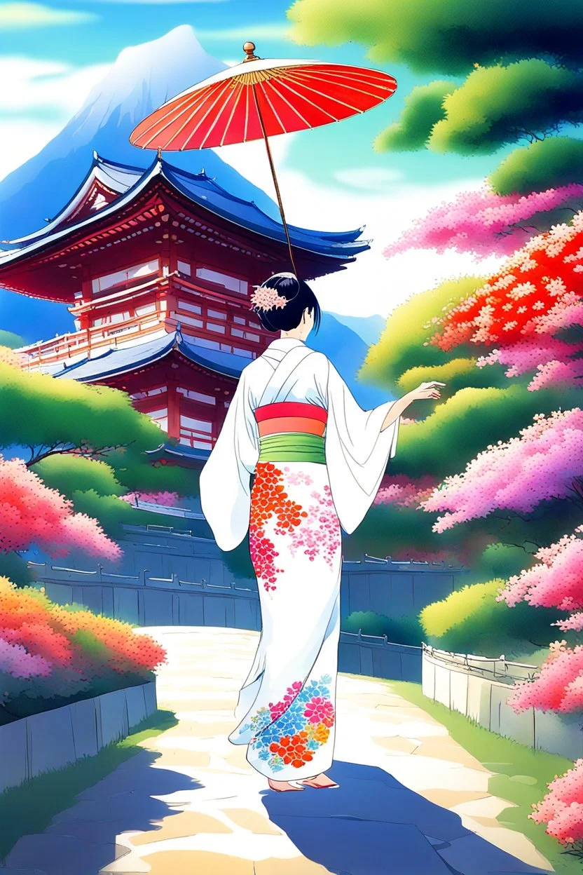 serene and captivating scene of a graceful Japanese woman dressed in an exquisitely designed white kimono adorned with colorful flower patterns. She gently carries a traditional Japanese umbrella as she walks towards a majestic temple. The background showcases a breathtaking panorama of the viewer's landscape, with the temple appearing in the distance. Surrounding the temple, lush green plants and blooming flowers add a touch of vibrant color amidst the pastel yellow and orange hues of the sunri