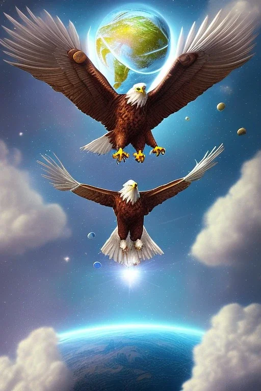 Eagle is flying in the space and is holding the earth in his claws. Fantasy style