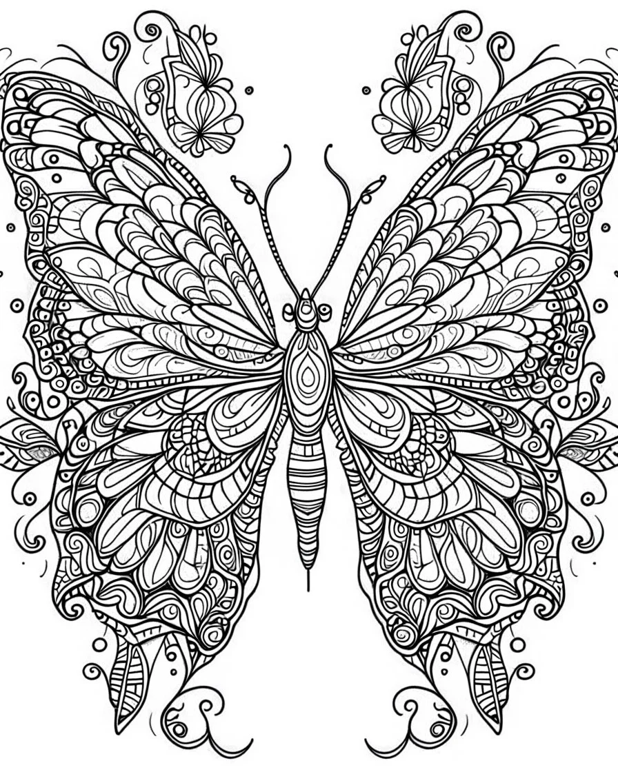 Page coloring book, mandala butterfly, white Background, clean line art, flower