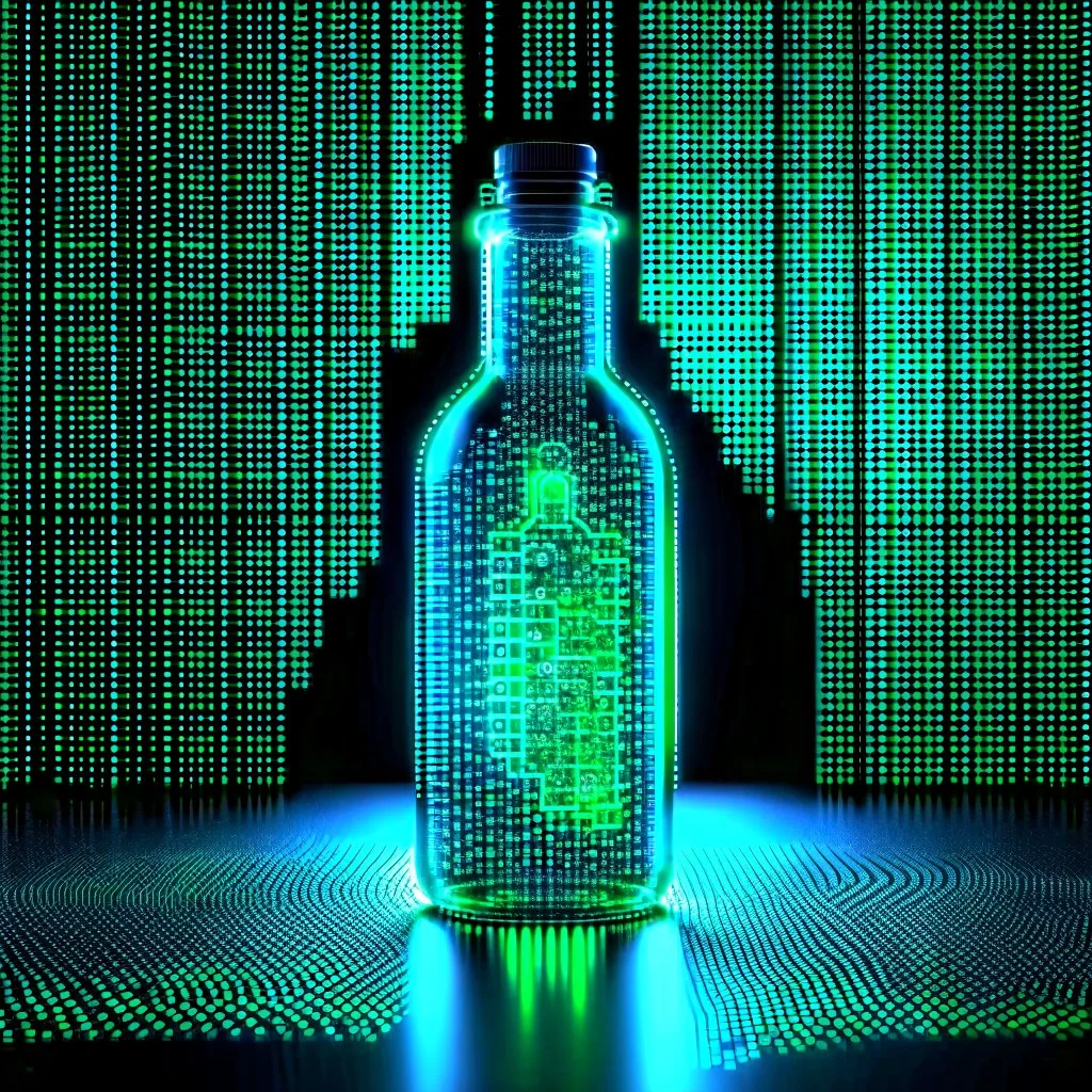 A digital message in a glass bottle. The message is the creation of artificial intelligence.