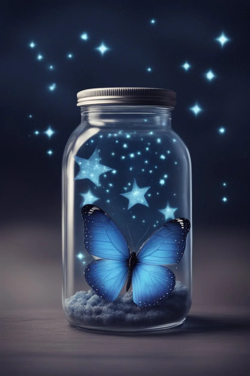 A light blue butterfly in a jar of stars