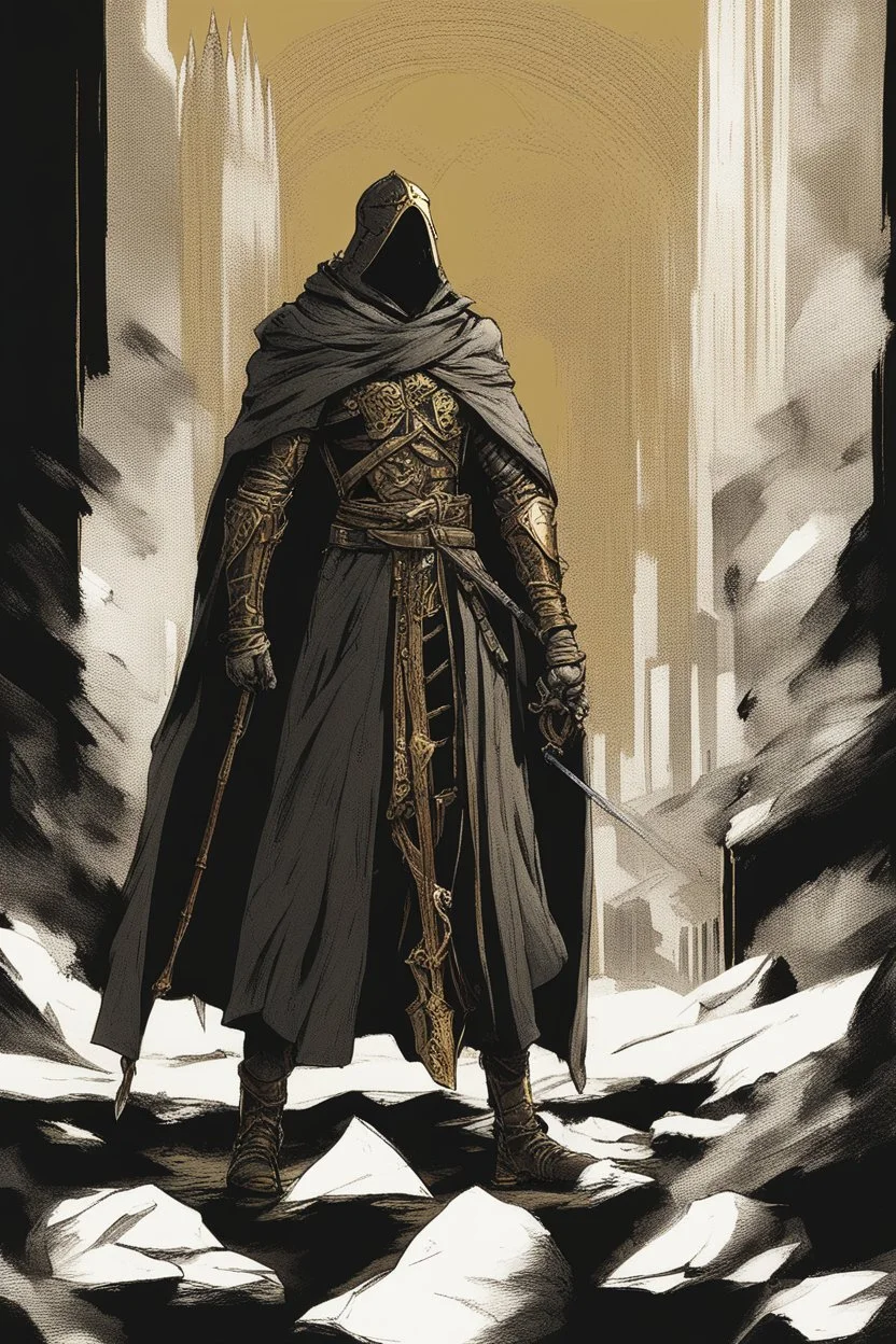 A commander with a black cloak and a long coat with long combat boots and a long spear with his Helmet is golden under his cloak