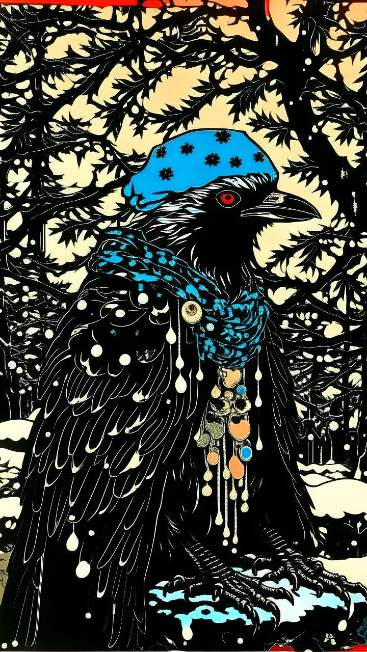 A contemporary serigraphy portrait by Matisse and Kunisada of a crow adorned in a punk leather jacket within a snowy Christmas atmosphere.