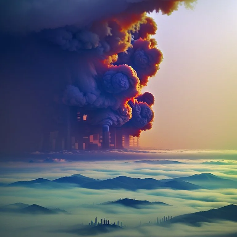 garbage dump, waste, dump, hill, smoke plumes, clouds, smog, city scape with pollution, double exposure photography, colourful nature, clean sharp focus, on white background, Fractal Geometry buildings, sacred geometry