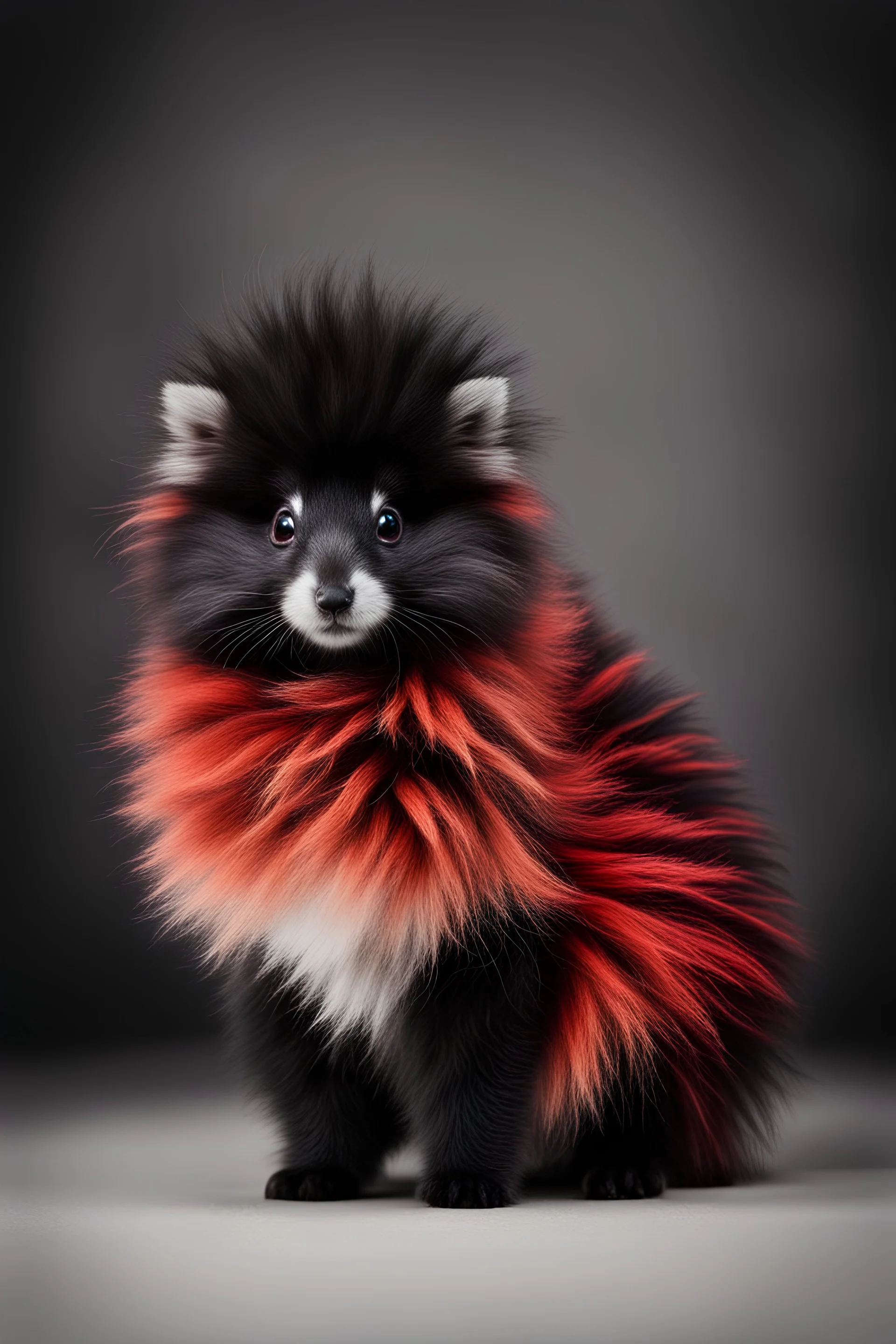 a small animal, red in color,fluffy,black fluffy stripes.stylization,composition,hyperdetalization