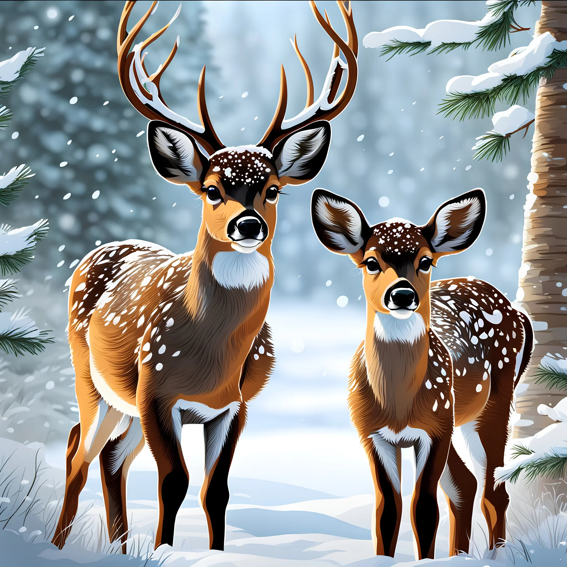 Cute DEER CUBS, happy, extreme details, in the SNOWY FOREST, close-up, snowy day, heavy snow, snowflake, merry Christmas, , ultra hd, realistic, vivid colors, highly detailed, UHD drawing, pen and ink, perfect composition, beautiful detailed intricate insanely detailed octane render trending on artstation, 8k artistic photography, photorealistic concept art, soft natural volumetric cinematic perfect light, ARTGERM, mONGE STYLE.