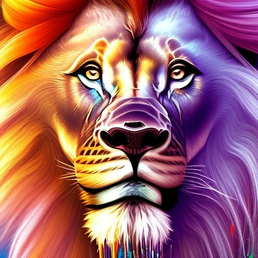 Lion portrait, bright colors, finger paint, splash, centered, detail, 8k resolution,