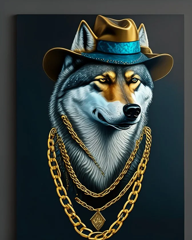 NFP style wolf with gold chains of whale as pendant and in the suite with a hat. one colour background
