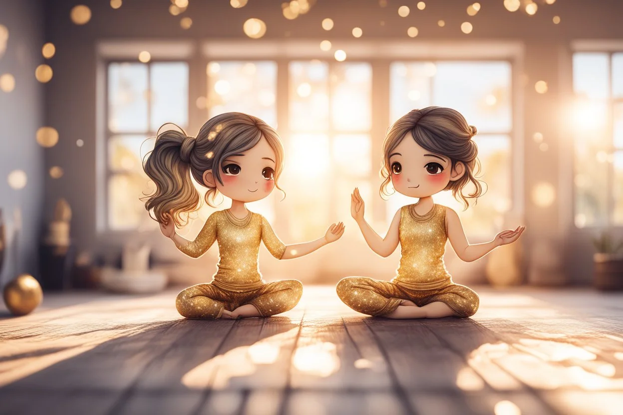 cute chibi yoga girls in sunshine, yoga room, watercolor and black ink outlines, sparkling golden glitter, ethereal, cinematic postprocessing, bokeh, dof