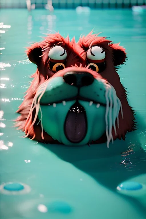 Realistic pool scene. big furry monster into water. Wes Anderson style. Red hair, smile, happy, gradient color fog. highly detailed, concept art, unreal engine 5, ray tracing, RTX, lumen lighting, ultra detail, volumetric lighting, 3d, finely drawn, high definition, high resolution.