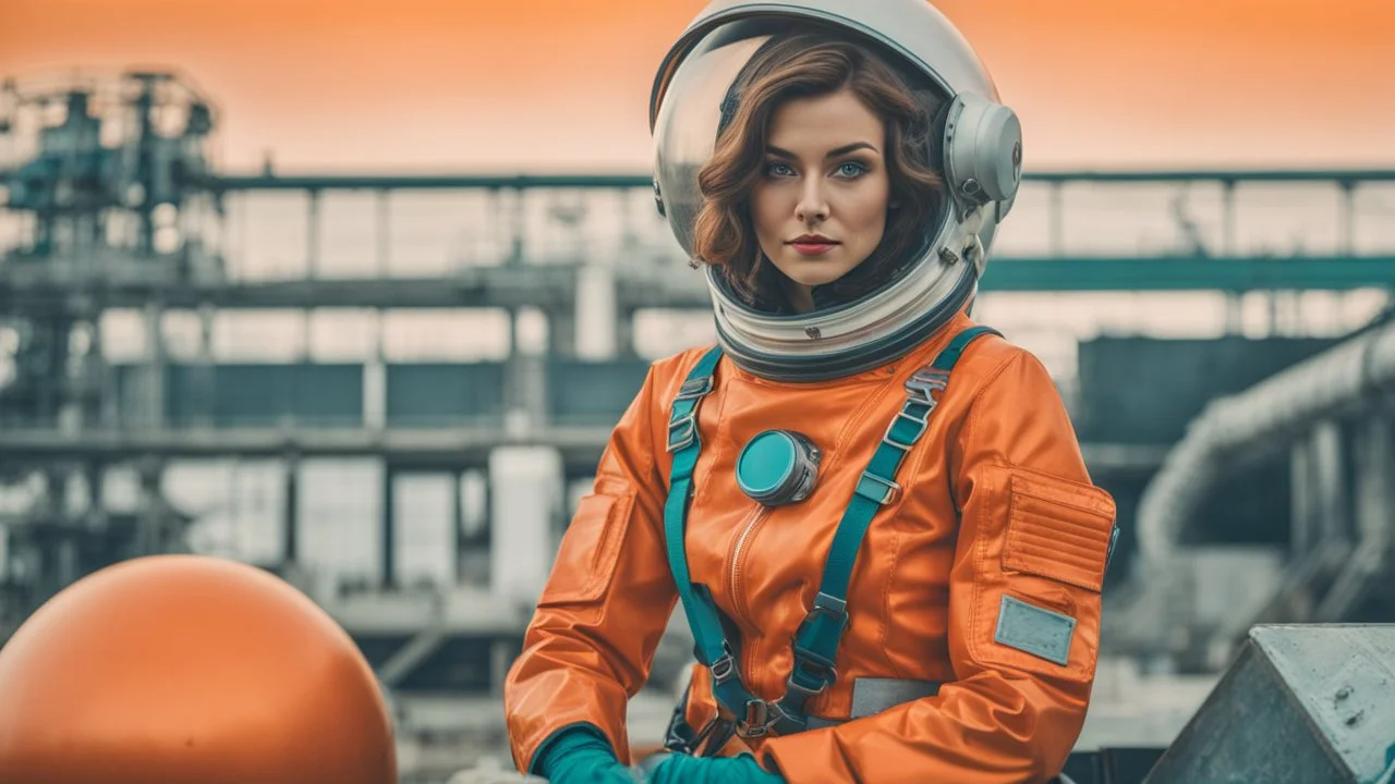 tangerine tango and ultramarine green color blocking, (sci-fi aesthetic:1.4), bright instagram LUT, shot of a (Danish 20 yo woman:1.2) retro-futuristic cosmonaut with a shy smile wearing a glass dome helmet and spacesuit with harness (with futuristic power plant in the background:1.2), skindentation, hourglass figure, waist cincher, on alien landscape with its surface covered in impact craters, valleys, plains and mountains, grey dust, a heavy rain storm, at sunrise, geometric gradients, sci-fi,