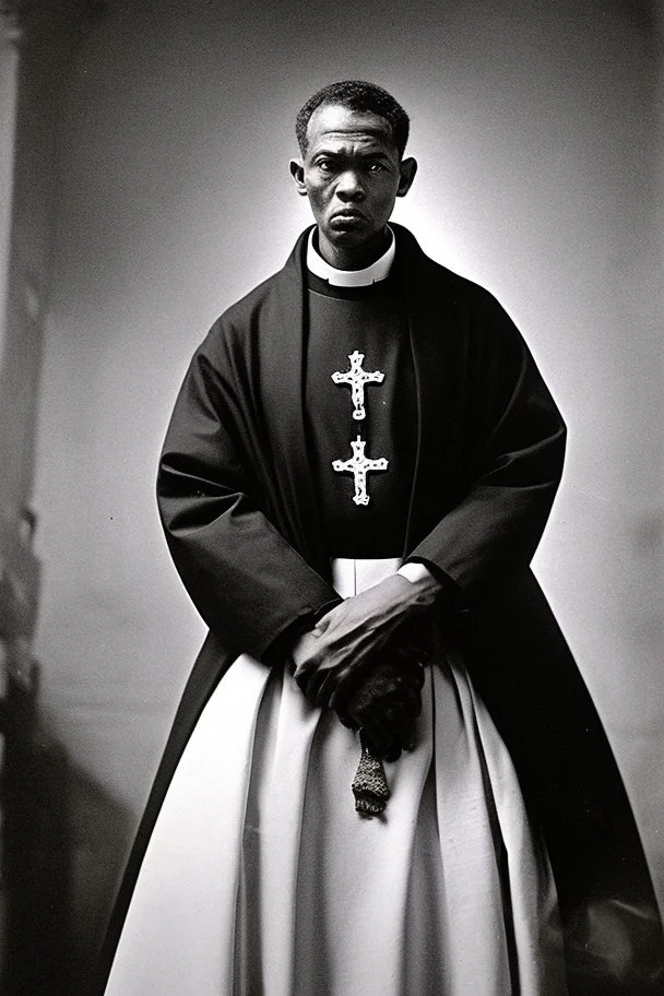 a priest in a crowded church who realizes that he is having an attack of colitis and, while he is preaching, tries to hold back a big fart. Insane details, photo shooted by Nadar.