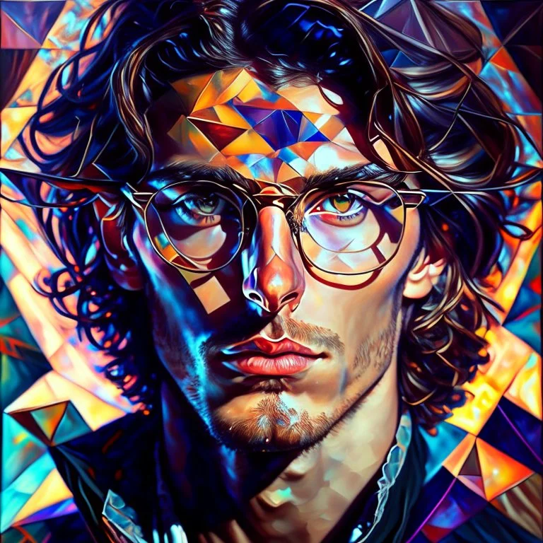 attractive young male wizard, trigonometric manganese Leonid Afremov style, detailed gorgeous face, fancy sunglasses, geometric Rubens on helium influence, hypermaximalist beautiful photorealistic detailed intricate eyes by Tom Blackwell, centered, symmetry, painted, intricate, volumetric lighting, beautiful, rich deep colors masterpiece, sharp focus, ultra detailed, in the style of dan mumford and marc simonetti, astrophotography Modifiers: fantasy cinematic lighting photorealistic ultra detai