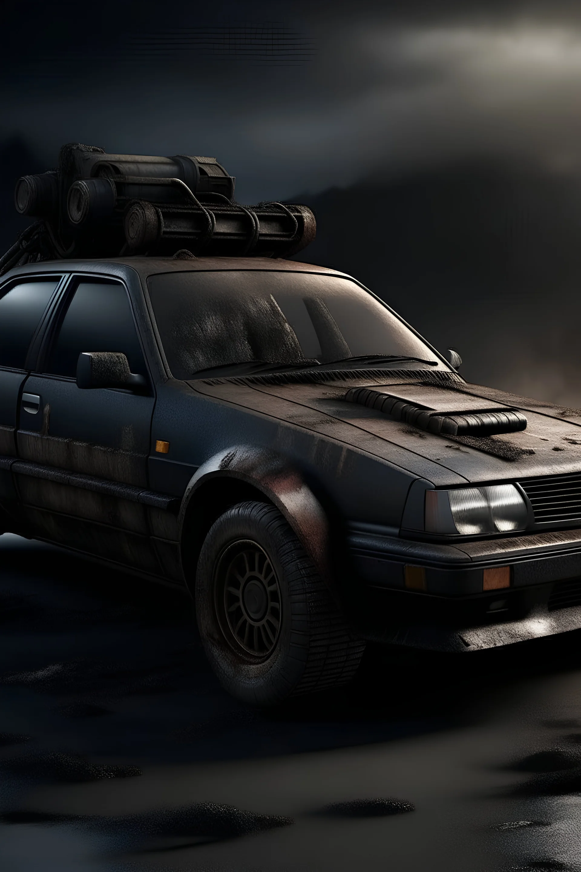 Create a hyper-realistic image in the cinematic style of Mad Max, featuring a compelling fusion of a weathered and rusty black 1998 Honda Civic seamlessly morphing into a half-car, half-scorpion hybrid as the central object.