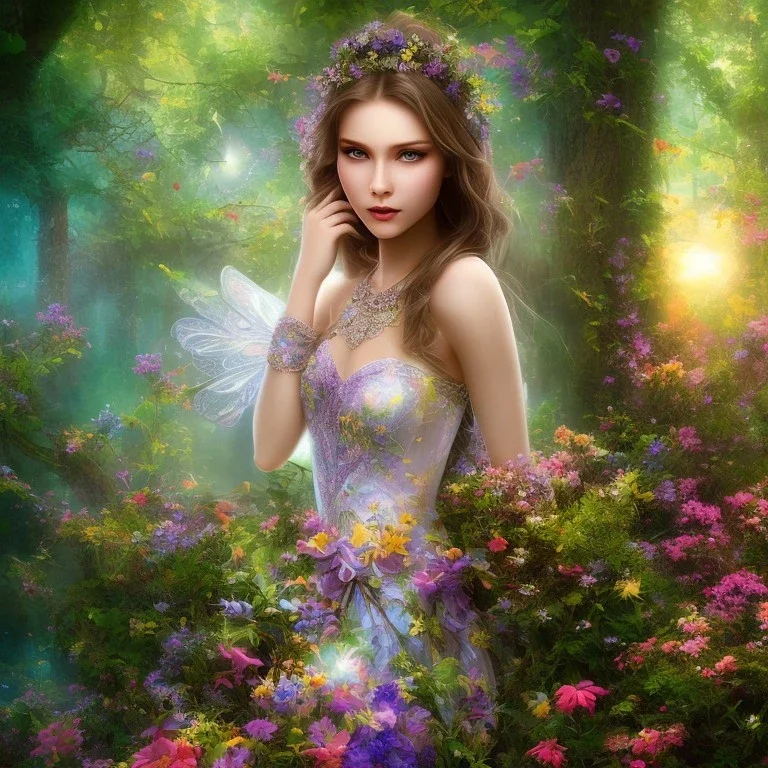 bright fairy, beautiful portrait, flowery landscape