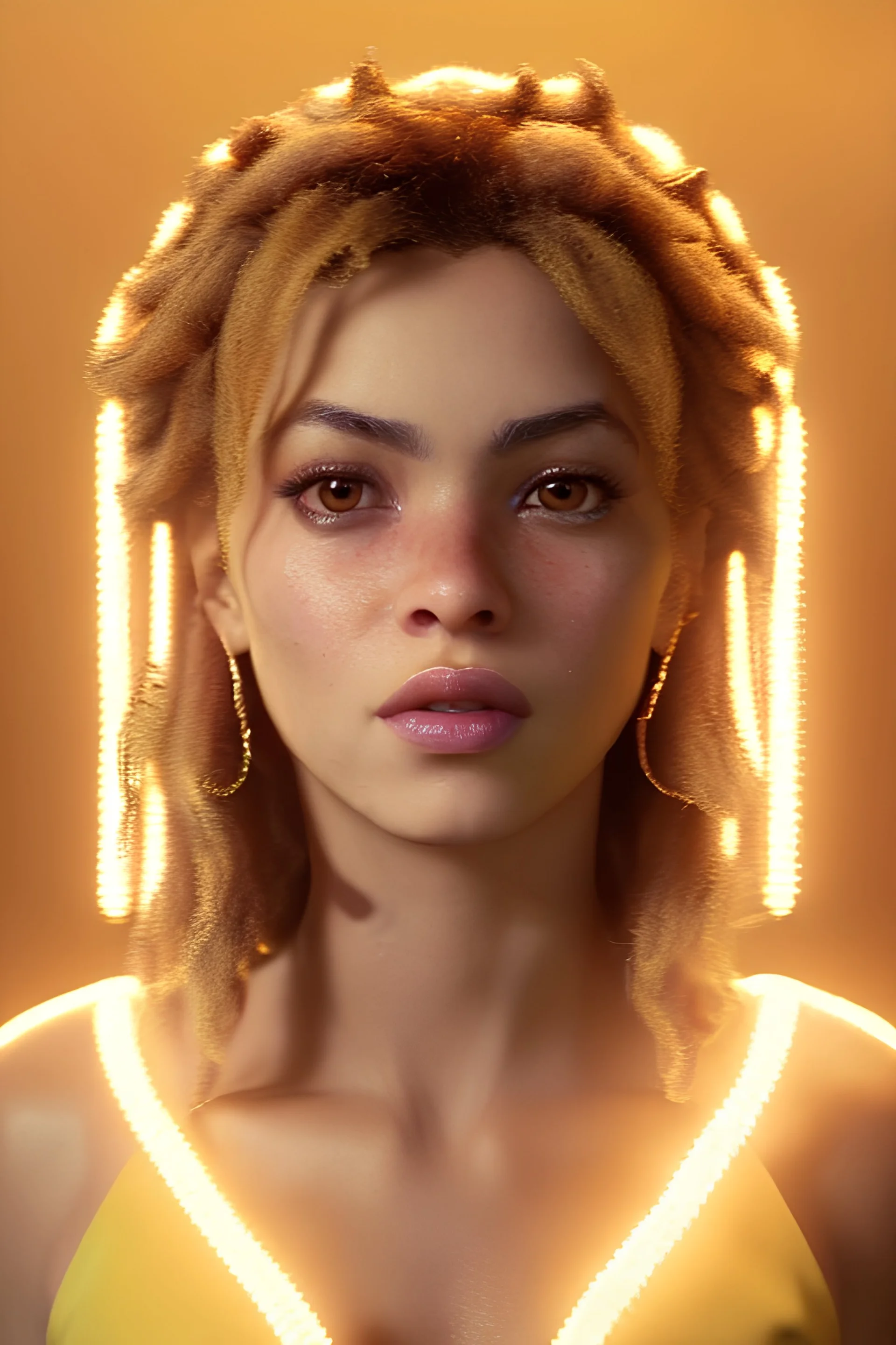 Shakira artist, Realistic image, natural waist up portrait, natural busty , perfect eyes, glow, circle iris, eye liner. spray line make up, glow. lips, gold. big rings piercing, led ornament. coat, vibrant color, highly detailed, art stations, concept art, smooth, unreal engine 5, god lights, ray tracing, RTX, lumen lighting, ultra detail, volumetric lighting, 3d, finely drawn, high definition, 4k.