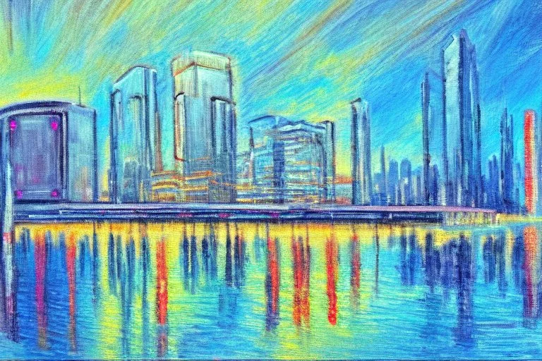 Futuristic cyberpunk building foreground, frozen lake, impressionism painting