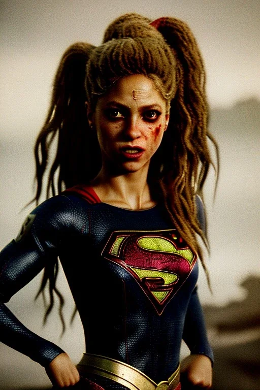 portrait, Shakira, make-up, angry, Realistic image, superhero, retro style, supergirl, blood, sweat, fog, goddess. Black background, photo studio, concept art, smooth, unreal engine 5, god lights, ray tracing, RTX, lumen lighting, ultra detail, volumetric lighting, 3d, finely drawn, high definition, 4k.