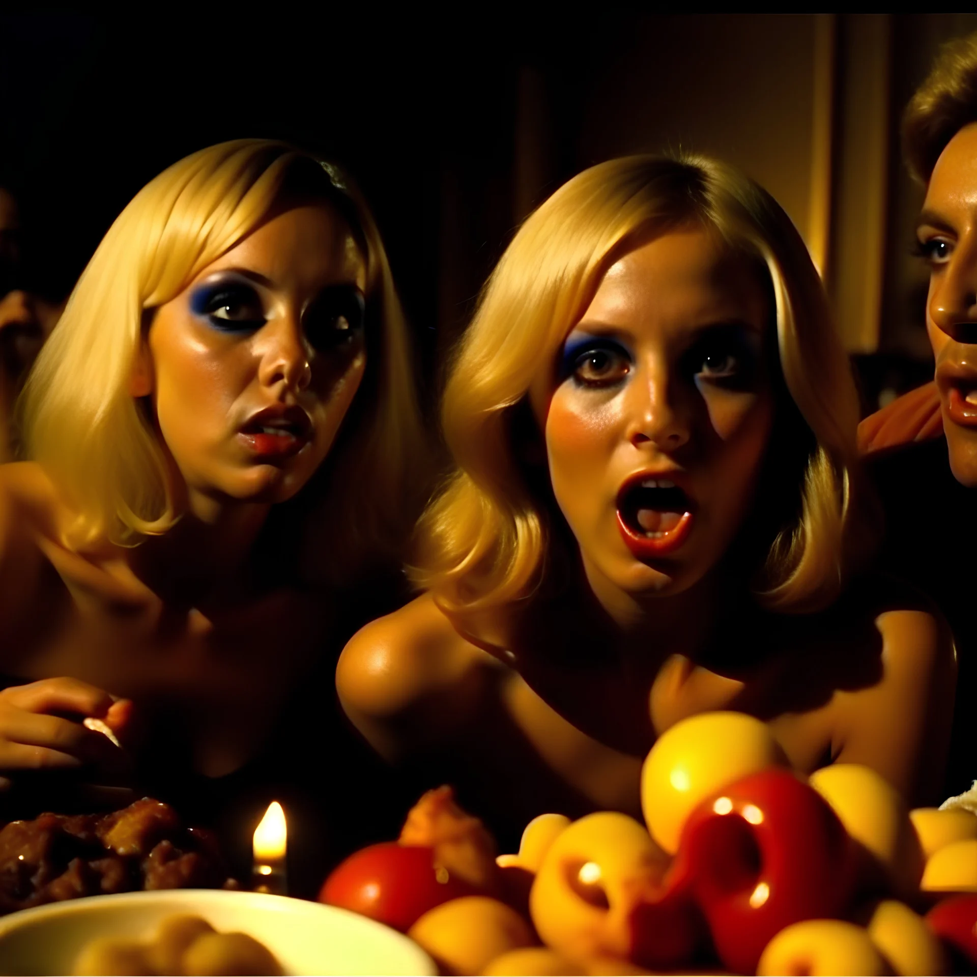 Horror movie shot, hot, ultra realistic, dine, horns, ultra chaos, realistic hot blonde women, party, pieces of meat, organs, hot dynamic, very excited people, hypermaximalist figures, light, 1970's Italian horror movie, sinister,, Dario Argento, Stanley Kubrik, ornate, 4k, photorealism