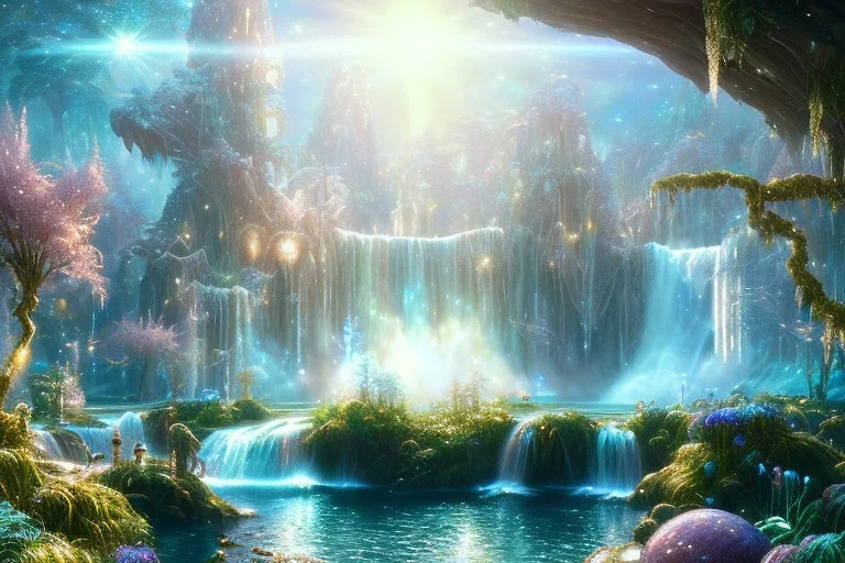  white and gold crystal cosmic ambiance，waterfall, full of details, smooth, bright sunshine，soft light atmosphere, light effect，vaporwave colorful, concept art, smooth, extremely sharp detail, finely tuned detail, ultra high definition, 8 k, unreal engine 5, ultra sharp focus