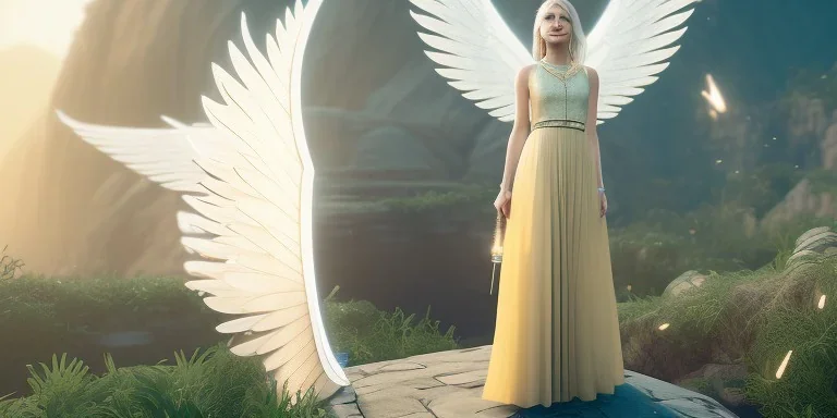 subtle queen, atmospheric, realistic, unreal engine, cinematic lighting, octane render, transparent long dress, blonde, full body, bright wings, smile, long hair