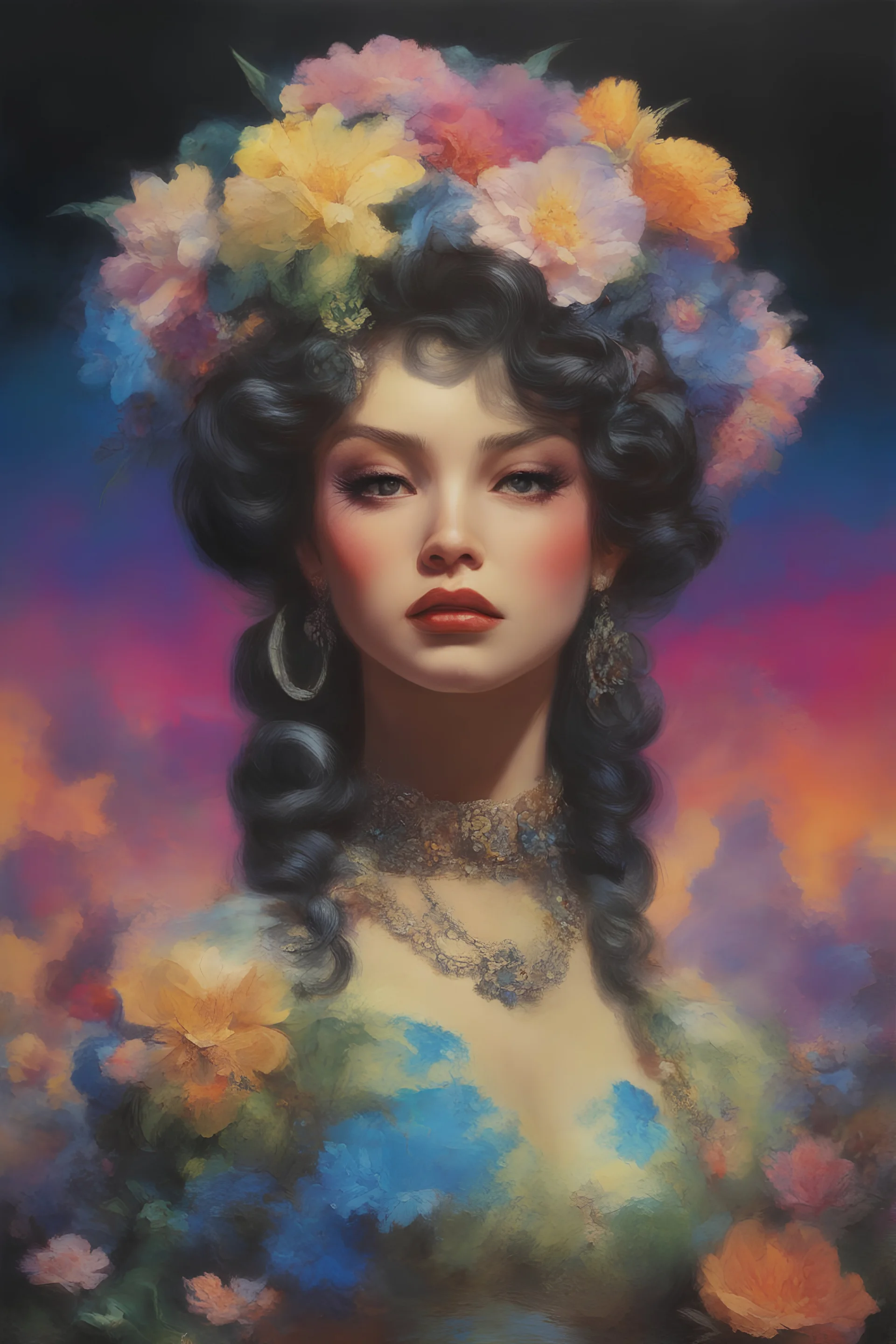 mugshot, Planet of the Aliens, multicolored, large, floral designs, atmospheric, beautiful, China Doll, oil painting by Frank Frazetta, 4k UHD, Photorealistic, professional quality