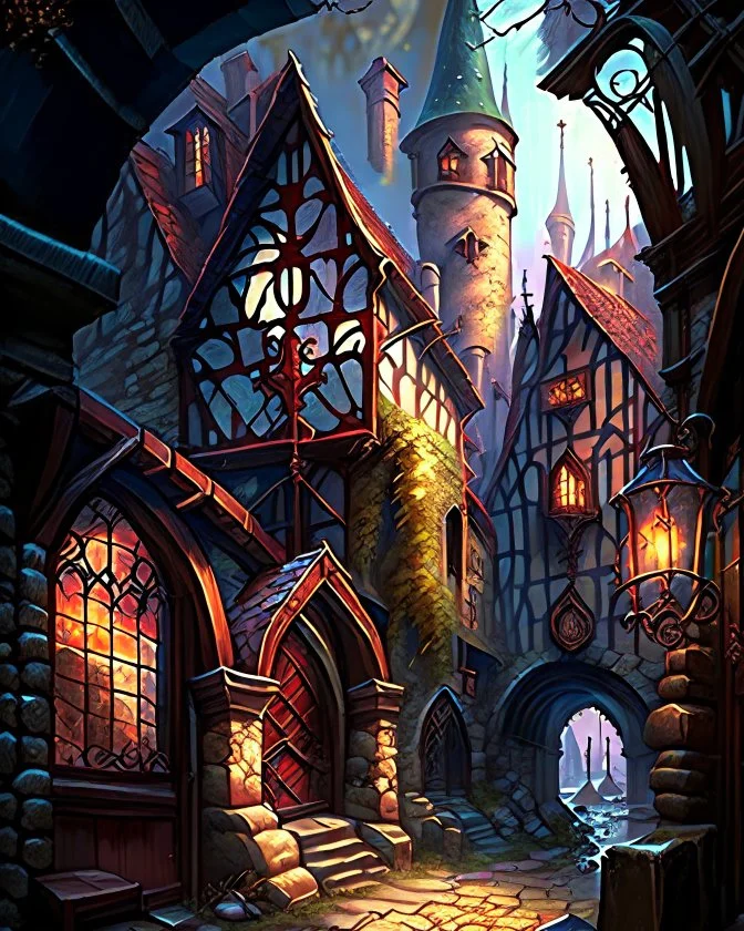 medieval fantasy cobblestone town with stained glass window buildings fairytale rpg art