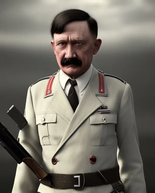 portrait of Hitler holding a gun, full, detailed, cinematic, post apoclypse world, sharp, 8k