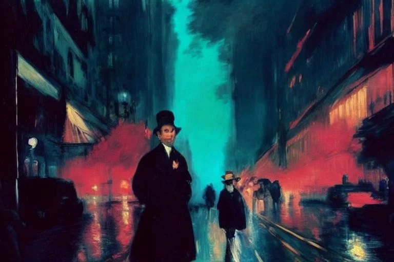 cars, city, steet, city lights, people, mist, edouard manet and lesser ury painting