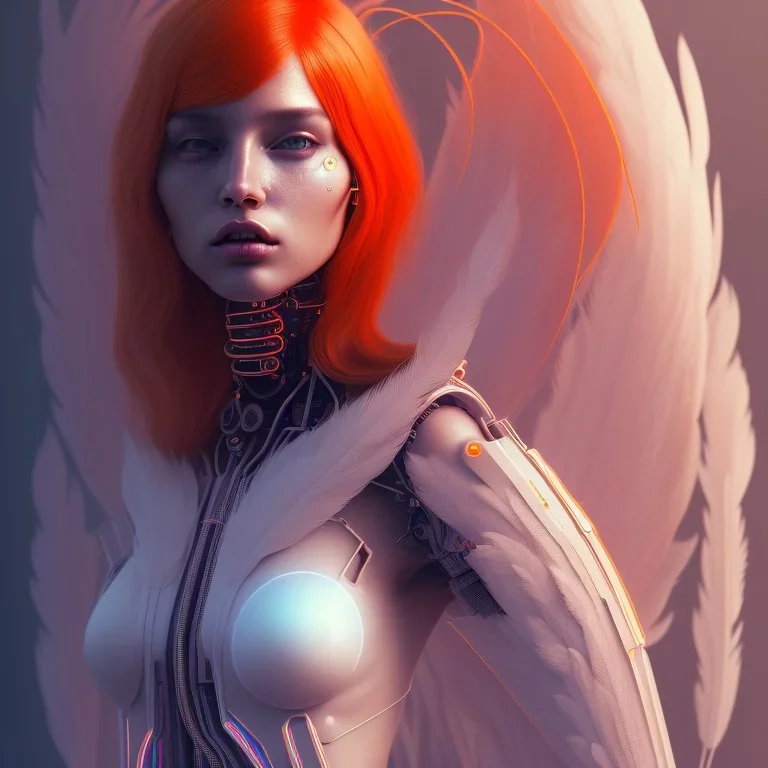 A beautiful portrait of a cute cyberpunk woman orange color scheme, high key lighting, volumetric light high details with white stripes and feathers full length clean art NFT, soft lighting, soft pastel gradients, high definition, blender 3d cinematic, op art, visionary art, sacred geometry, fractal, white balanced