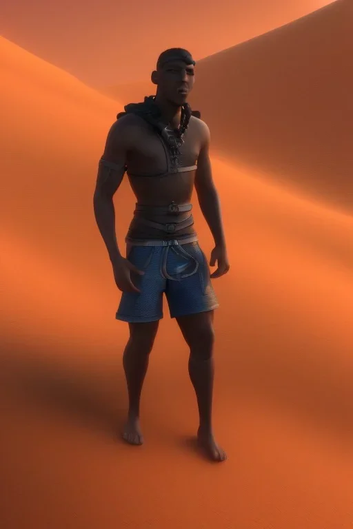 3D render of a cyberpunk tribal young black man, black hair, hooded, on a orange dune background, digital art