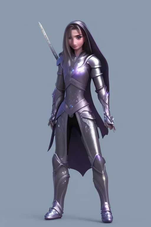 girl in futuristic metal ninja armor, cloak, two swords, glowing purple armor, fighting pose, cyborg