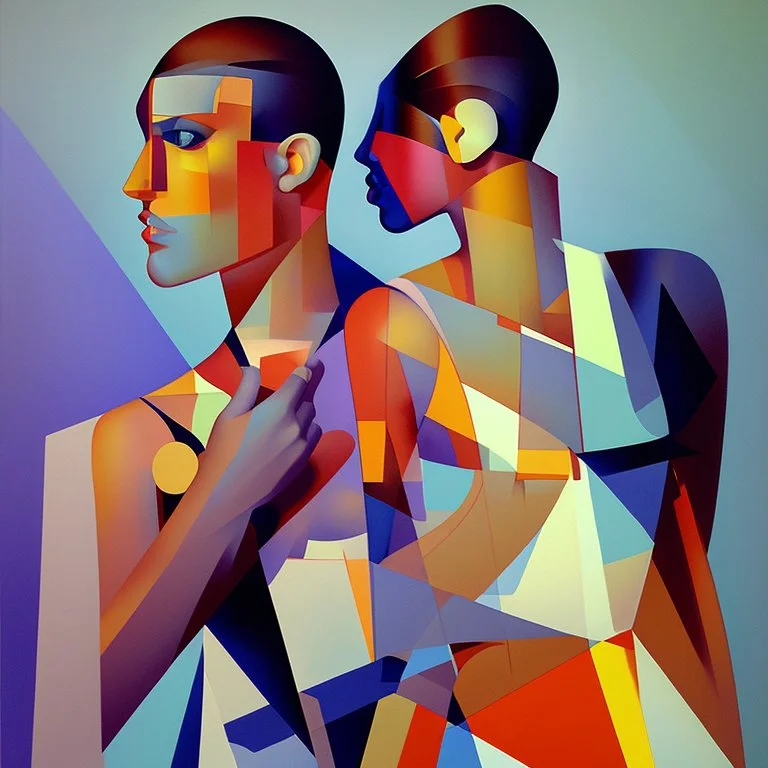 a painting of a man and a woman, a cubist painting by Keith Mallett, cg society, figurative art, cubism, fauvism, art