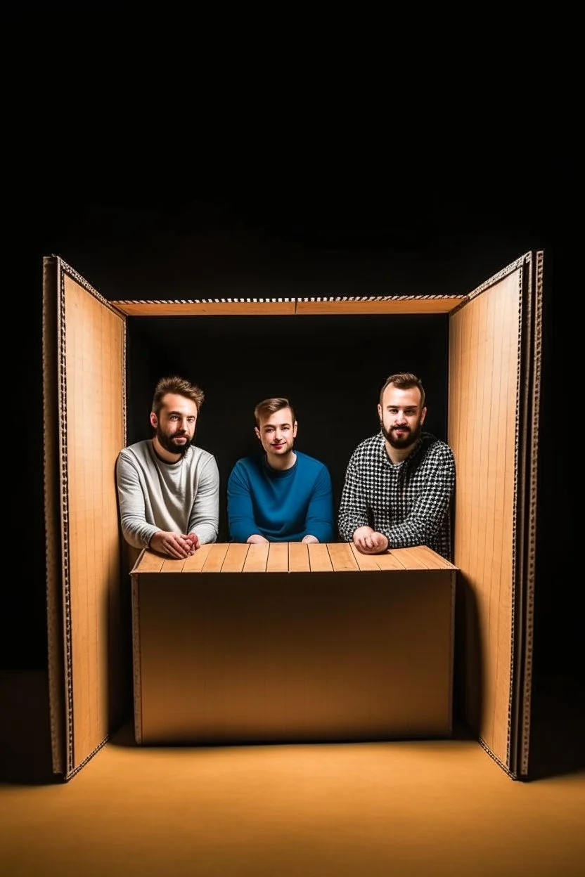 Three persons inside a box