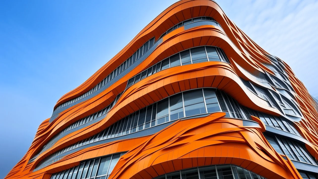 A building featuring a design of steel ribbons on an orange facade, set against a gray sky. The ribbons are arranged in waves, creating a dynamic and fluid appearance. The orange facade can be seen between the ribbons, creating a chromatic contrast that accentuates the building's unique design. The view is taken from a low angle, which emphasizes the height and scale of the building.
