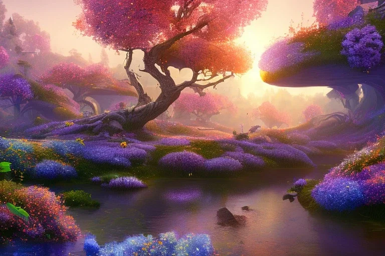 monde en fleurs, concept art, crépuscule , fuksia bleu oranger, vibrant Color, réaliste, riviere bleu, tree-house