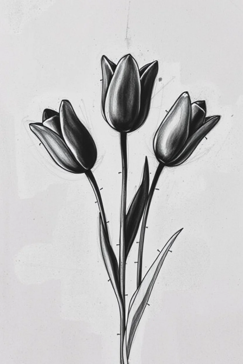 Minimalist rough abstract dusty Charcoal drawing of 3 tulips on a textured gesso background.