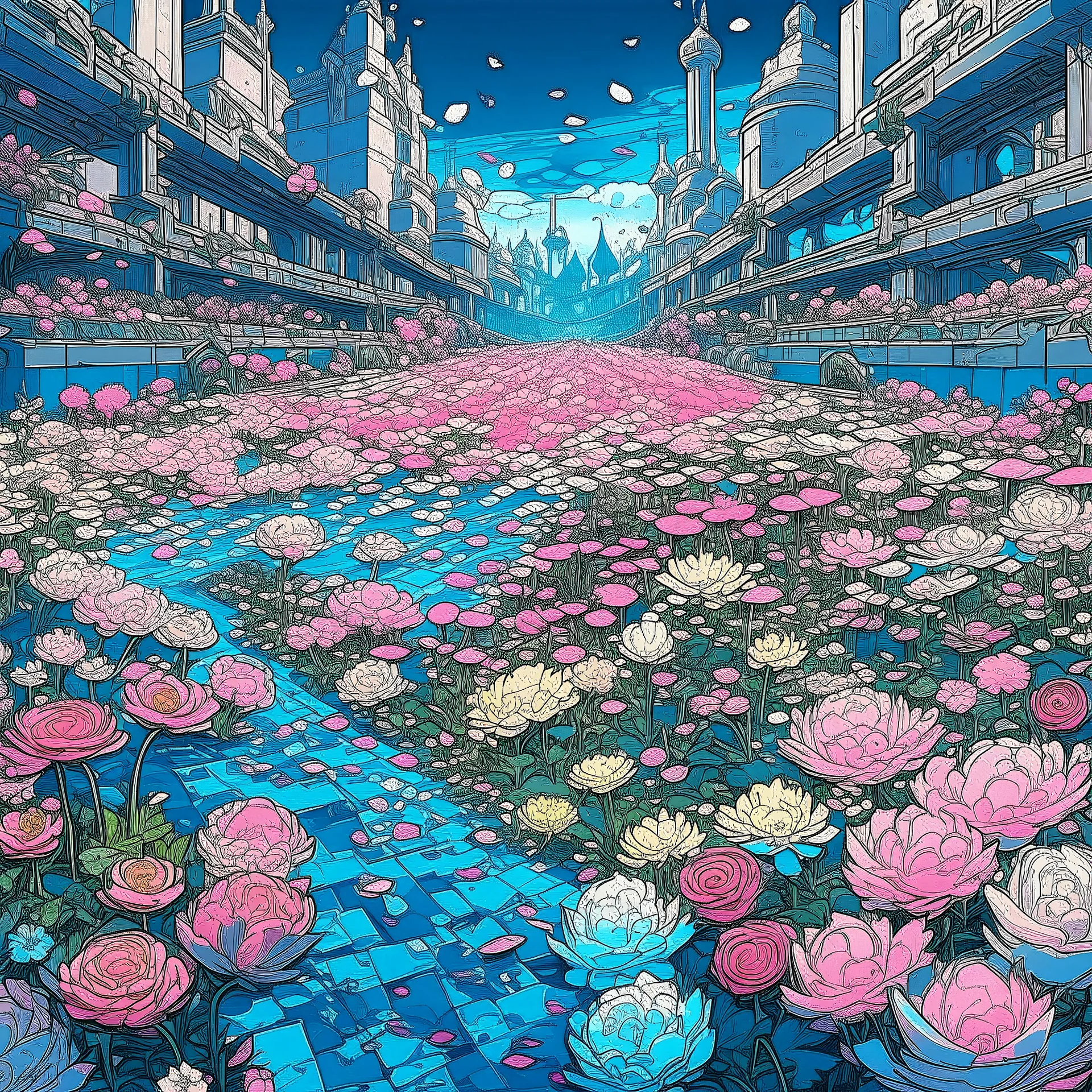tappeto di fiori nella città cosmica con fiori rosa azzurro e argento