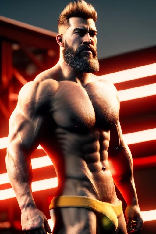 Ignore NSFW, teenager young rugged attractive slightly muscular fantastic handsome man, red briefs with yellow belt, hairy chest, (((visibly pisssing))) briefs, large erect visible boner peniss, photorealistic, artist Jay Anacleto, soft lighting, scruffy beard