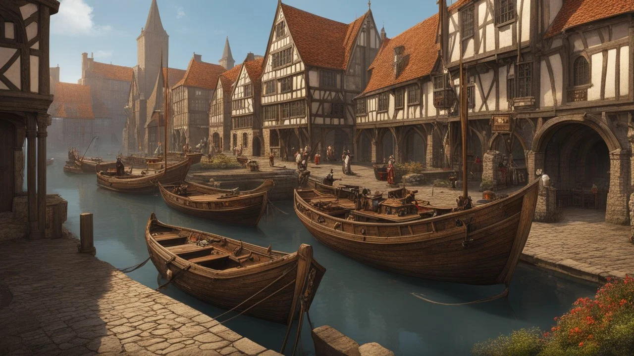 gothic medieval harbour with ships, piers, houses, shops, inns, balconies, plants, people, market