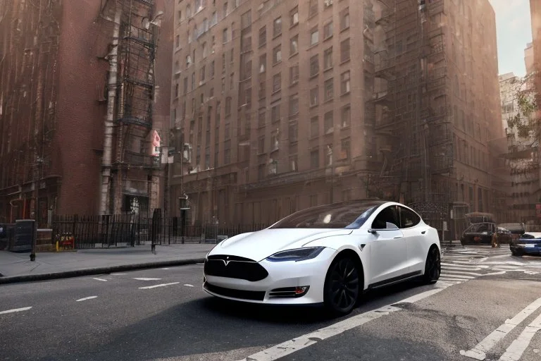 A Tesla 'Model S' is parked, near the 'Central Synagogue' in New York City. (CINEMATIC, WIDE ANGLE LENS, PHOTO REAL)