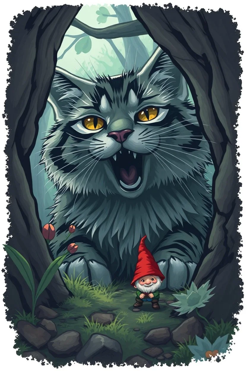 big scary cat seen from the below the ground, a tiny gnome hiding