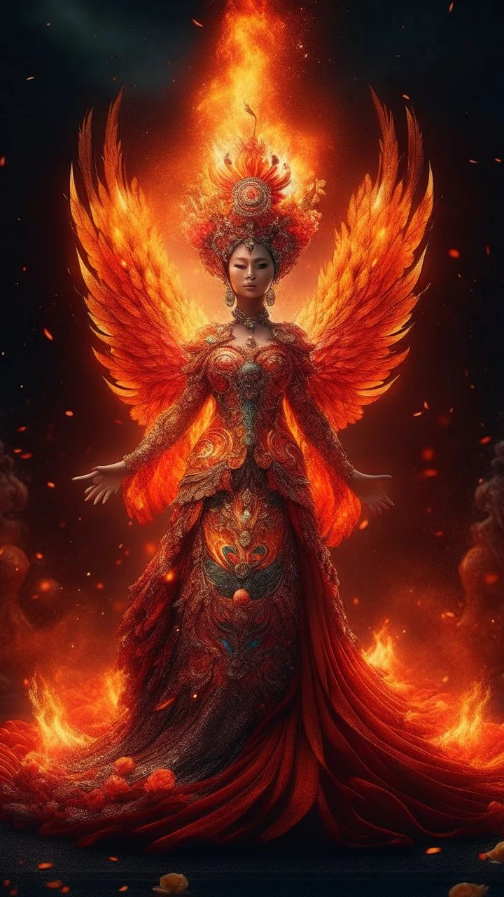 Full body wide-angle RAW photo, fire queen wearing luxurious and ornate clothes, fully covered, holding a ball of fire, opals and floral decorations, fractal wings texture, coming out of a burst of fire, winter scenery in the background, beautiful Indonesian woman's face, skin high detail, phoenix, fire, 8k uhd, dslr, soft lighting, high quality, film grain