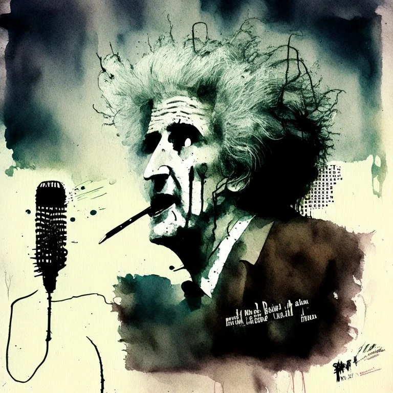 Profound watercolor and pen, movie poster aesthetic, double exposure spooky old wild bushy-haired zombie radio broadcaster looks like David Lynch speaking into an old-time radio microphone, photo layer sinister transistor radio set to 87.9 broadcasting ethereal abominations, Dramatic, creepy, oddball masterpiece, sfumato, complex contrast, dynamic composition, grand design