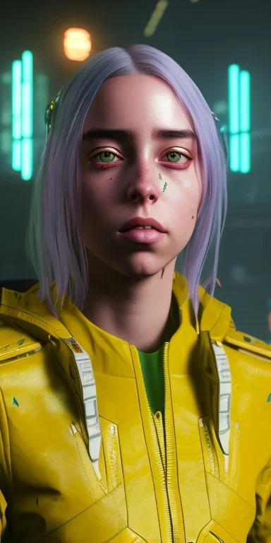 Billie Eilish, in stockings, cyberpunk2077, photorealistic