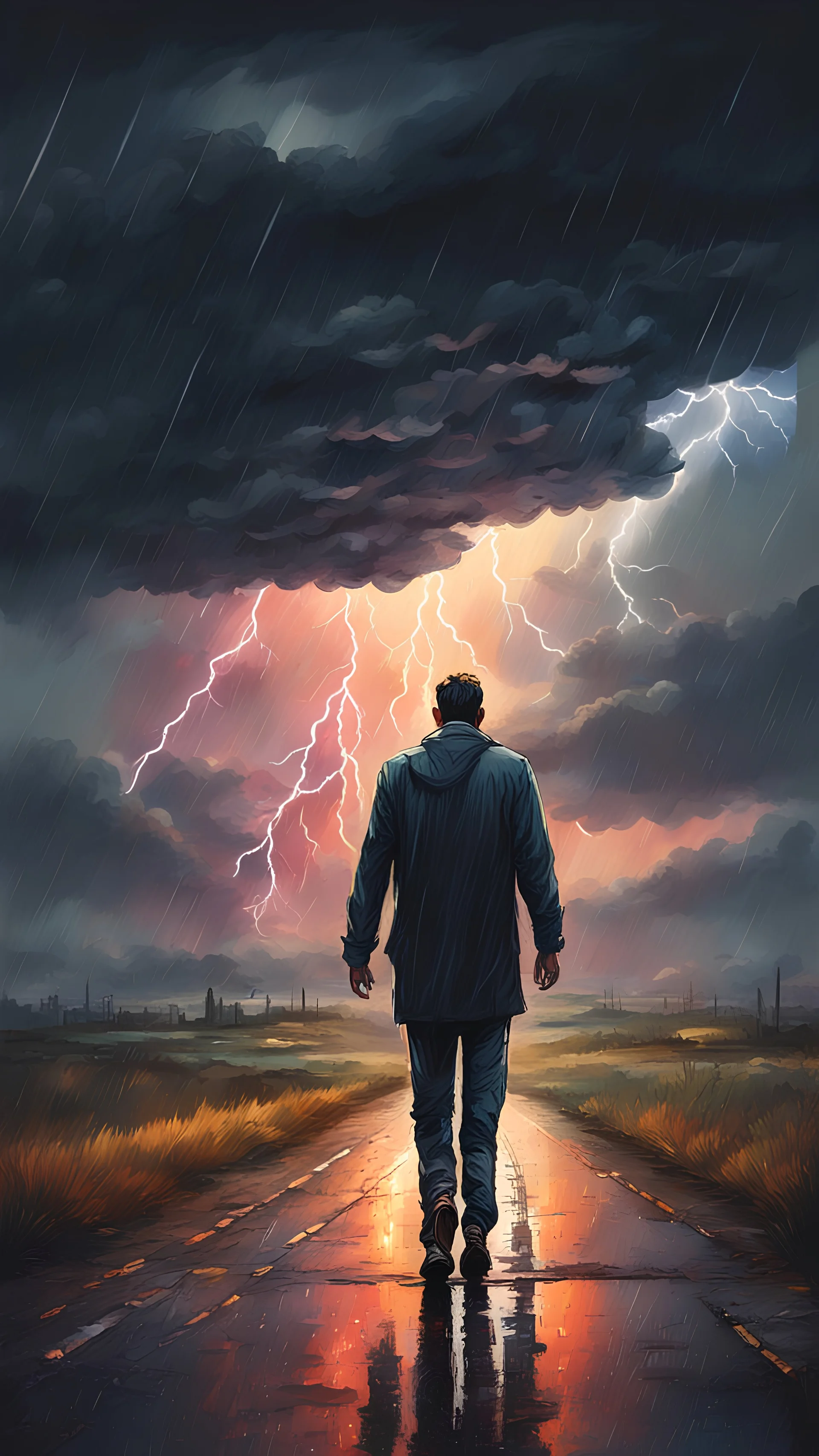 Father and son walking on road, state border, city on horizon, dark storm clouds in shape of huge skull, raining, lightnings, dark sky, scary ambience, late evening, colorful, painting style, high detail